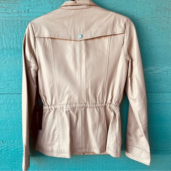 Bebe Genuine Leather Utility Jacket Cream Beige Zip Front NWT Size S - Picture 10 of 12